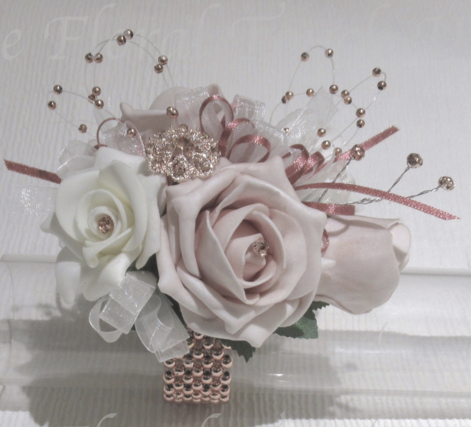 Pale Blush, Ivory & Rose Gold Wrist Corsage With Rose Gold Diamante Embellishments & Pearls